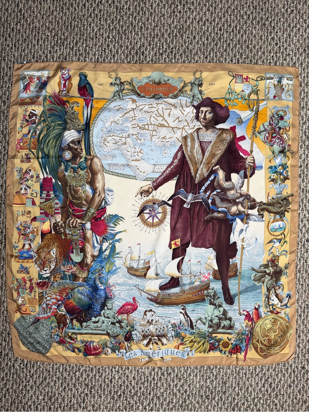Hermès Les Amériques Kermit Oliver 1992 Silk Scarf 90cm Made in France Rare